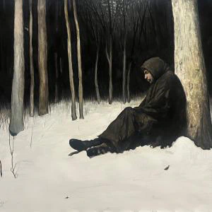 A watercolor painting of a lone, hooded figure sits against a tree in a dark, snow-covered forest, evoking a sense of solitude and introspection.