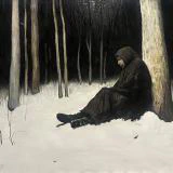 Snowfall (2025) by Ben Young A watercolor painting of a lone, hooded figure sits against a tree in a dark, snow-covered forest, evoking a sense of solitude and introspection.
