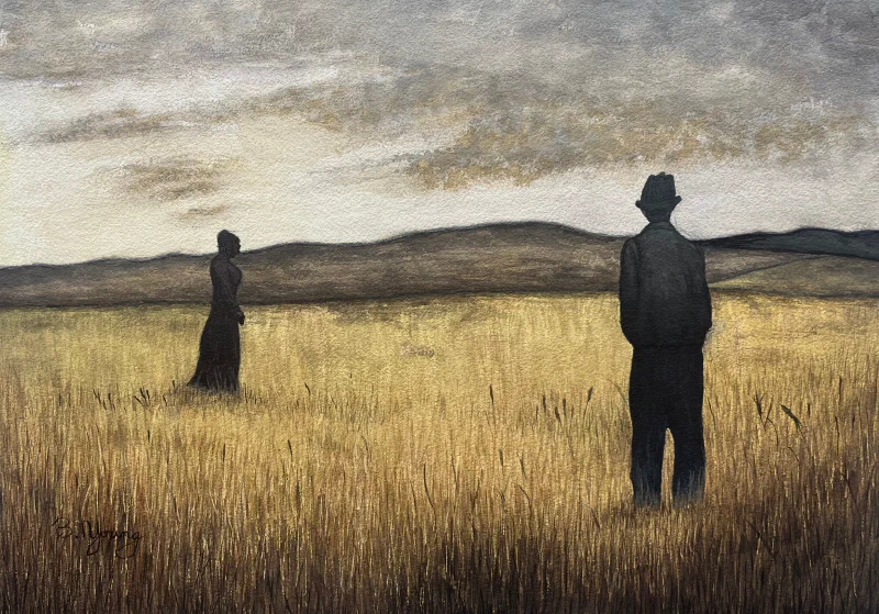 This watercolor painting depicts two silhouetted figures standing apart in a vast, golden field under a cloudy sky, creating a mood of quiet tension and isolation against a distant mountainous backdrop.