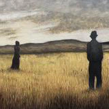 This watercolor painting depicts two silhouetted figures standing apart in a vast, golden field under a cloudy sky, creating a mood of quiet tension and isolation against a distant mountainous backdrop.