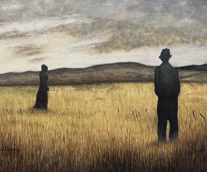 This watercolor painting depicts two silhouetted figures standing apart in a vast, golden field under a cloudy sky, creating a mood of quiet tension and isolation against a distant mountainous backdrop.