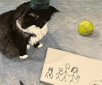 This watercolor painting depicts a black and white cat wearing an upside-down green water cup on its head, sitting beside a tennis ball and a painting of a stick-figure family, with a paintbrush resting nearby.