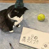 This watercolor painting depicts a black and white cat wearing an upside-down green water cup on its head, sitting beside a tennis ball and a painting of a stick-figure family, with a paintbrush resting nearby.