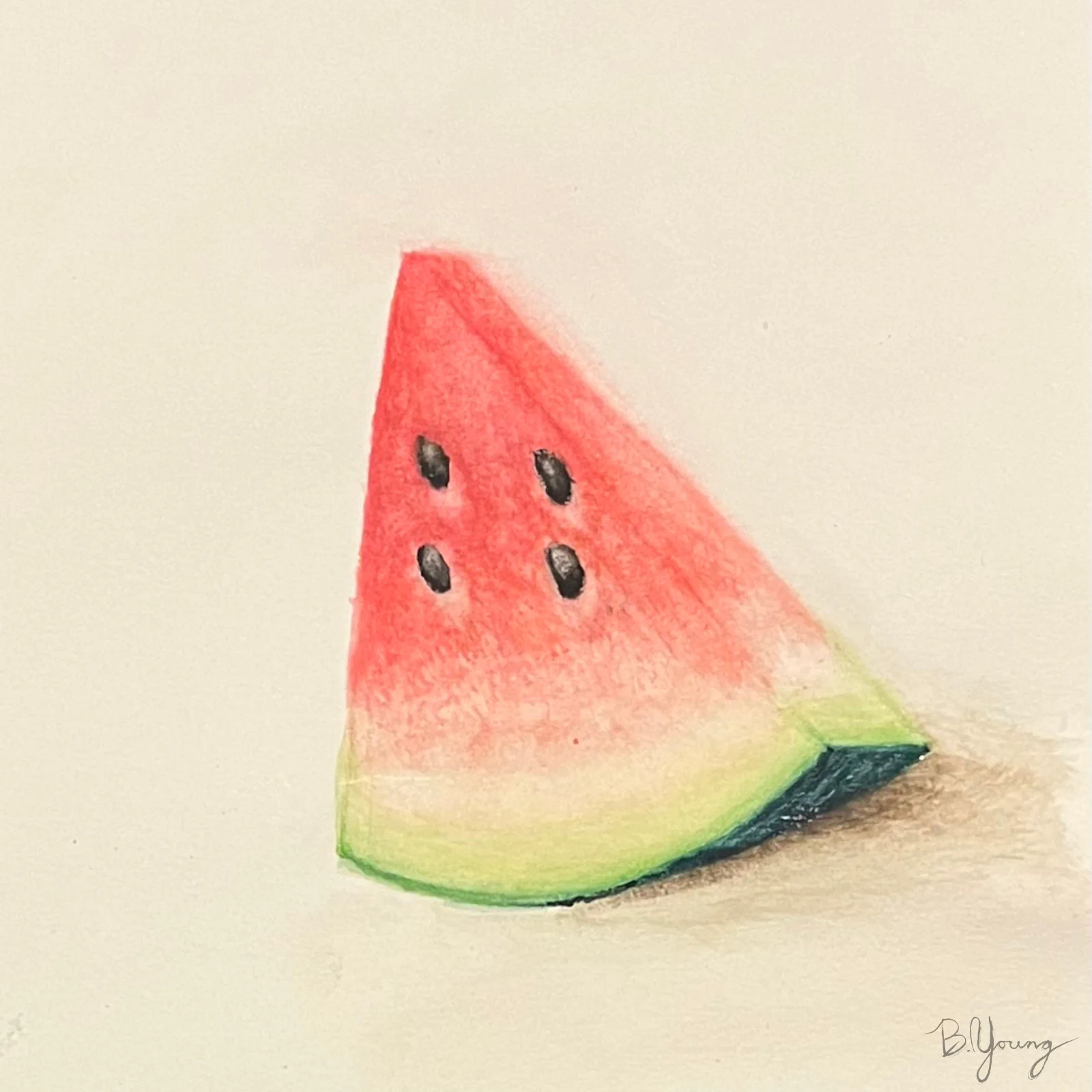 This watercolor artwork by Ben Young is a simple yet detailed depiction of a single slice of watermelon with a bright red flesh, black seeds, and a green rind, set against a plain background.