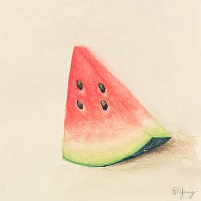 Watermelon Slice (2023) by Ben Young This watercolor artwork by Ben Young is a simple yet detailed depiction of a single slice of watermelon with a bright red flesh, black seeds, and a green rind, set against a plain background.
