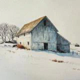This painting by Ben Young features a weathered barn standing as a silent sentinel amidst a vast, snow-covered landscape, captured in soft watercolor washes that emphasize the cool blue shadows of a quiet winter day.