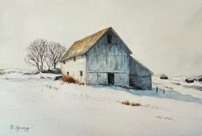 Winter Barn (2026) by Ben Young A weathered barn stands as a silent sentinel amidst a vast, snow-covered landscape, captured in soft watercolor washes that emphasize the cool blue shadows of a quiet winter day.
