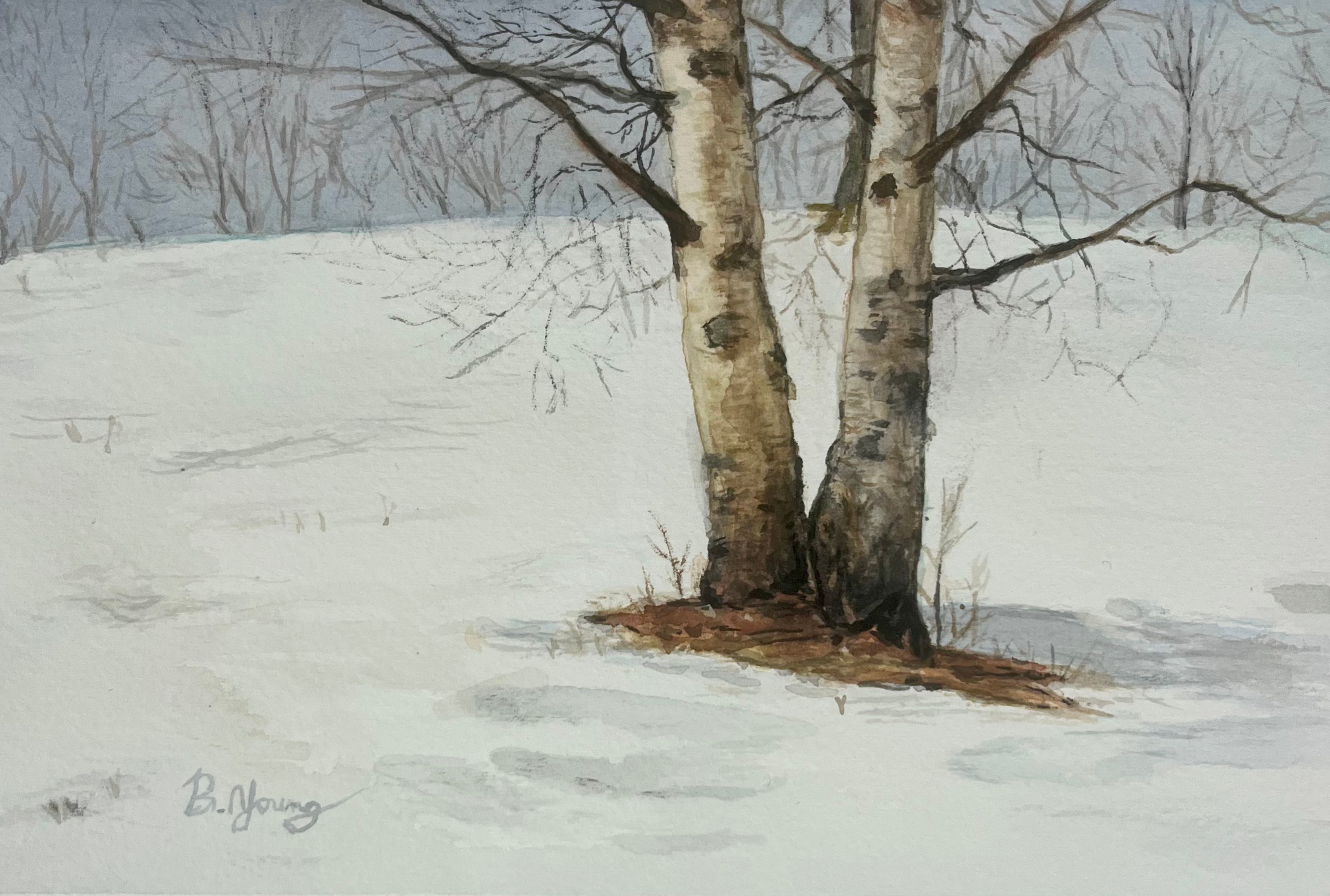 This watercolor painting depicts the textured trunks of twin birch or sycamore trees standing in a serene, snow-covered landscape under a soft grey sky.