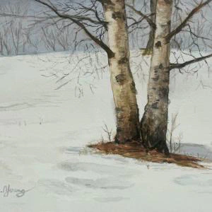 This watercolor painting depicts the textured trunks of twin birch or sycamore trees standing in a serene, snow-covered landscape under a soft grey sky.