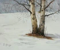 This watercolor painting depicts the textured trunks of twin birch or sycamore trees standing in a serene, snow-covered landscape under a soft grey sky.