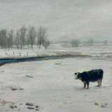 A lone cow stands as a quiet focal point in this atmospheric 7x5 watercolor by Ben Young, which uses a muted palette and soft, misty washes to capture the stillness of a snow-covered rural landscape.