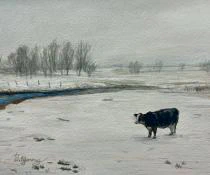 A lone cow stands as a quiet focal point in this atmospheric 7x5 watercolor, which uses a muted palette and soft, misty washes to capture the stillness of a snow-covered rural landscape.