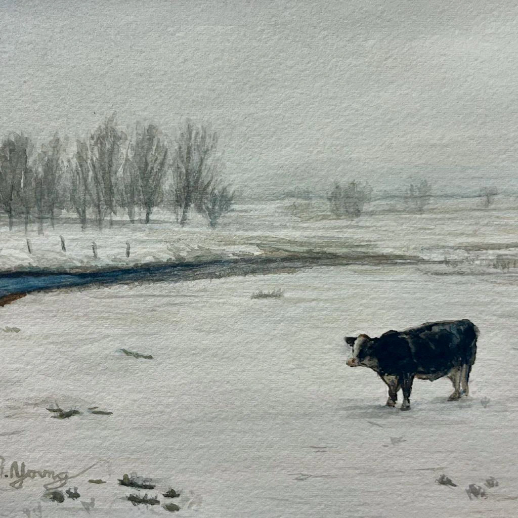 A lone cow stands as a quiet focal point in this atmospheric 7x5 watercolor by Ben Young, which uses a muted palette and soft, misty washes to capture the stillness of a snow-covered rural landscape.