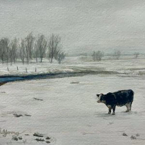 A lone cow stands as a quiet focal point in this atmospheric 7x5 watercolor, which uses a muted palette and soft, misty washes to capture the stillness of a snow-covered rural landscape.