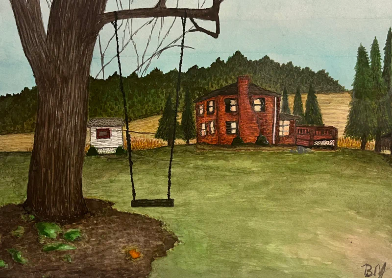 This painting by Ben Young captures a rustic rural scene with a prominent tree and swing in the foreground, and a brick house amidst green fields and trees in the background, evoking a tranquil, pastoral mood.