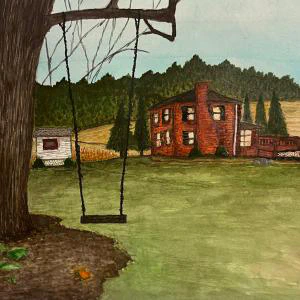 This painting by Ben Young captures a rustic rural scene with a prominent tree and swing in the foreground, and a brick house amidst green fields and trees in the background, evoking a tranquil, pastoral mood.