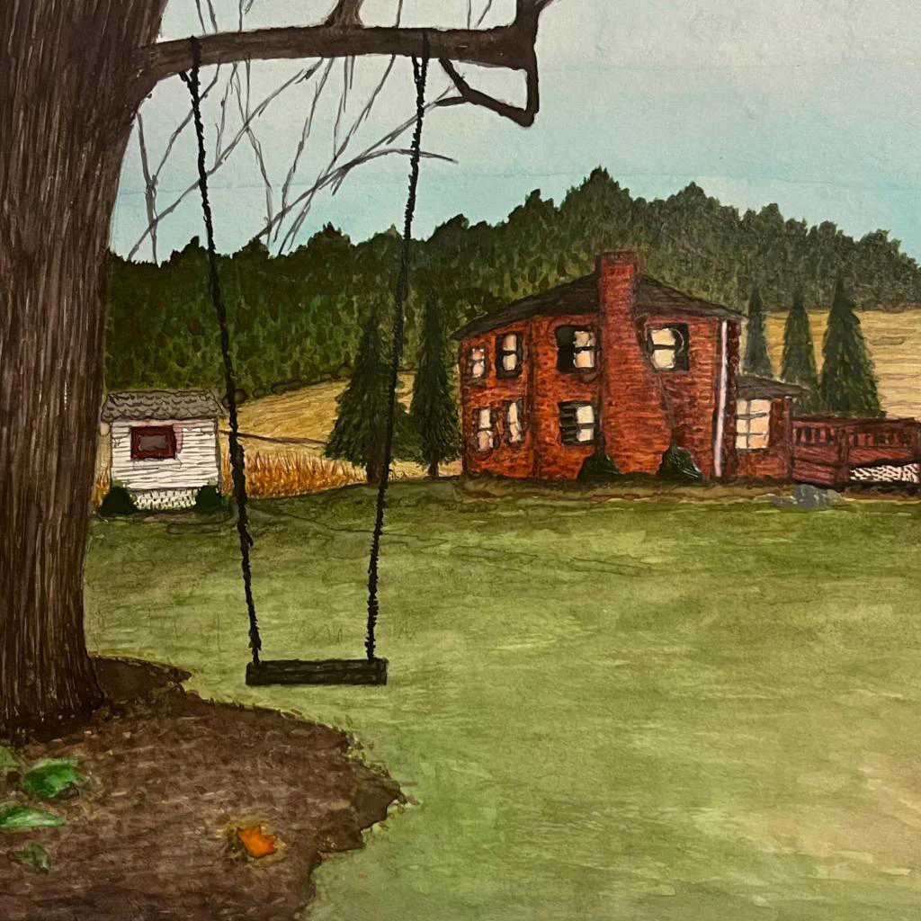 This painting by Ben Young captures a rustic rural scene with a prominent tree and swing in the foreground, and a brick house amidst green fields and trees in the background, evoking a tranquil, pastoral mood.