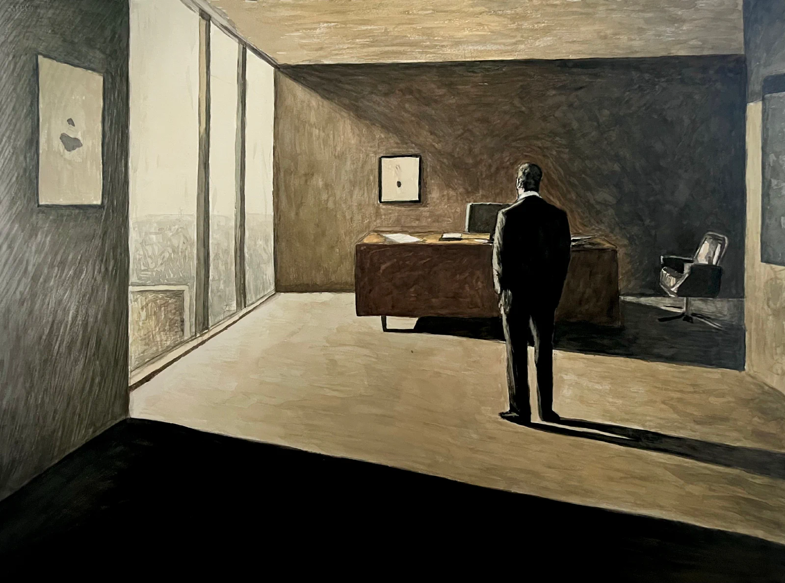 A watercolor painting of a solitary man in a dark suit stands in a dimly lit office, his back to the viewer, as stark contrasts of light and shadow create a melancholic, introspective atmosphere.