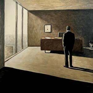 A watercolor painting of a solitary man in a dark suit stands in a dimly lit office, his back to the viewer, as stark contrasts of light and shadow create a melancholic, introspective atmosphere.