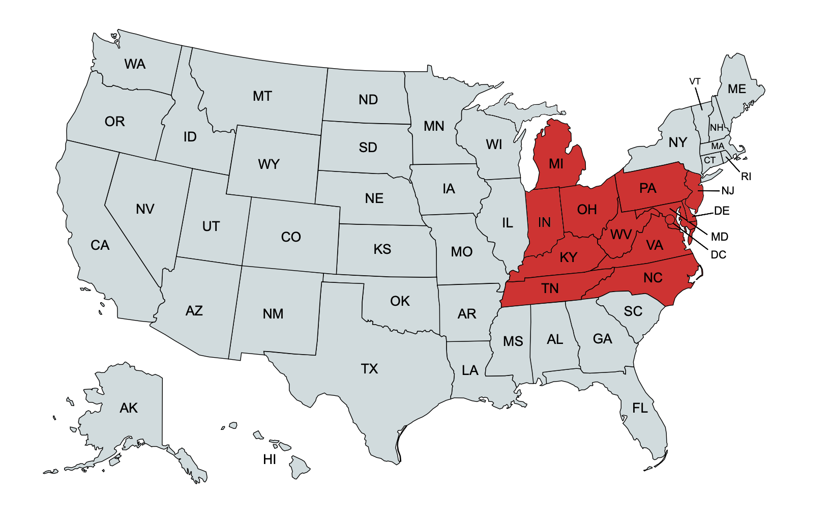 United States Map of mid Appalachia States
