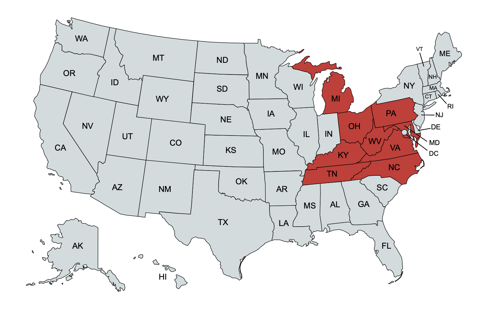 United States Map of mid Appalachia States